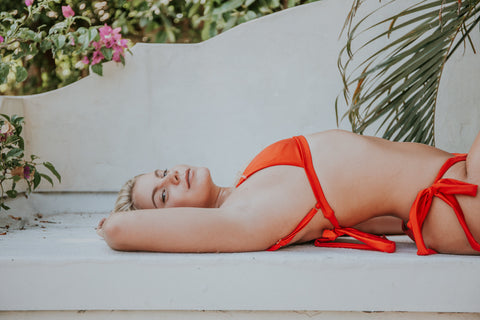 spicy orange red triangle top and brazilian cut cheeky bikini bottom