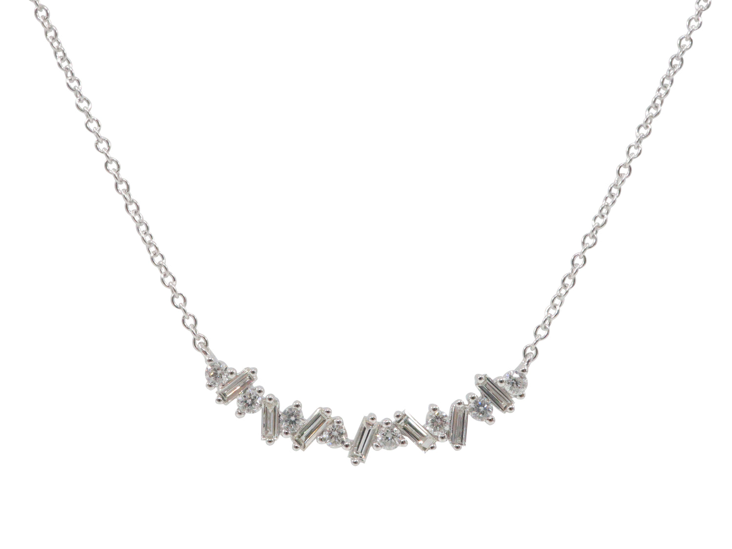 Diamond Round And Baguette Necklace WG 18K