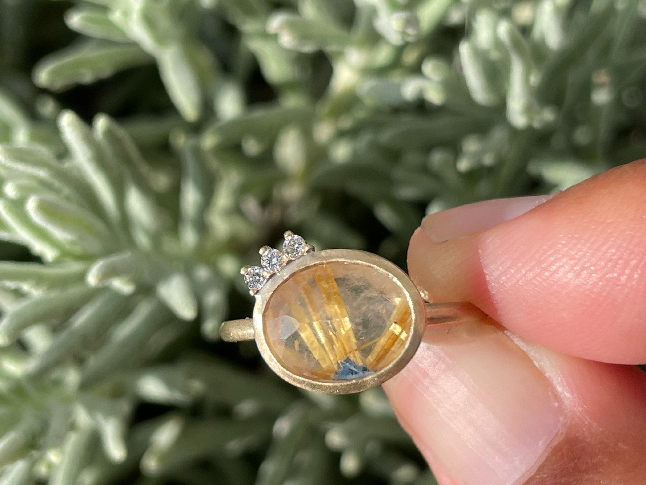 Golden Rutile Quartz Diamond Asymmetrical Ring