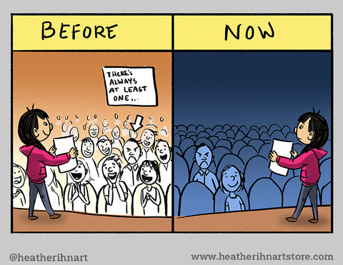 Cartoon Image before and after of audience with me on stage showing art
