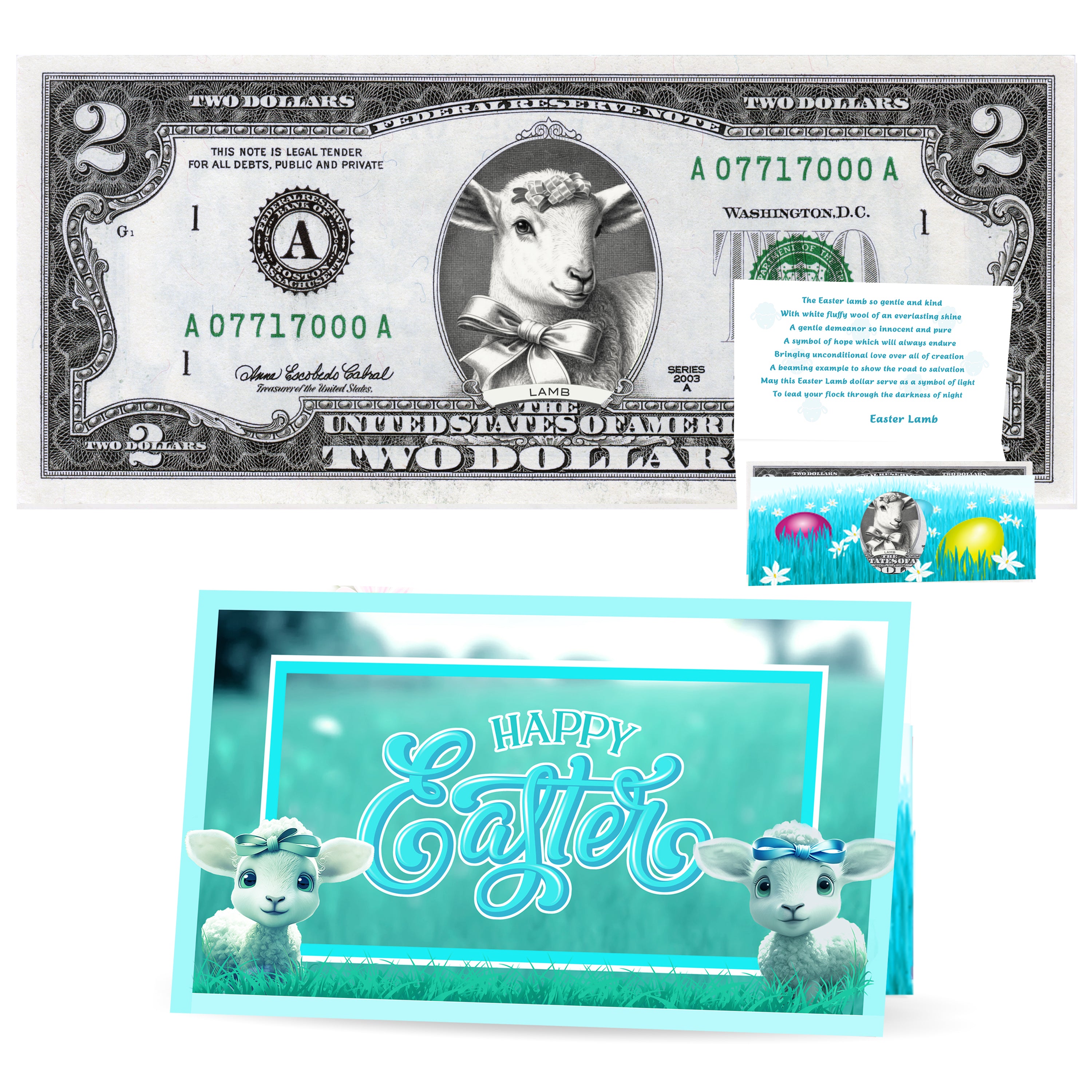 The Official Easter Lamb Dollar Bill. Real 2.0 USD. Each Bill Comes with an Easter Card and Currency Holder. Easter Basket Stuffer/Filler