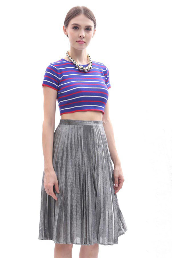 silver metallic pleated midi skirt