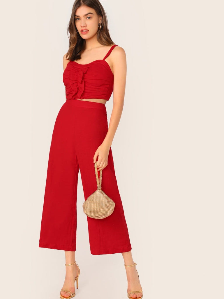 red crop top and pants set