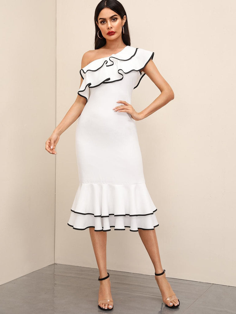 white one shoulder asymmetrical dress