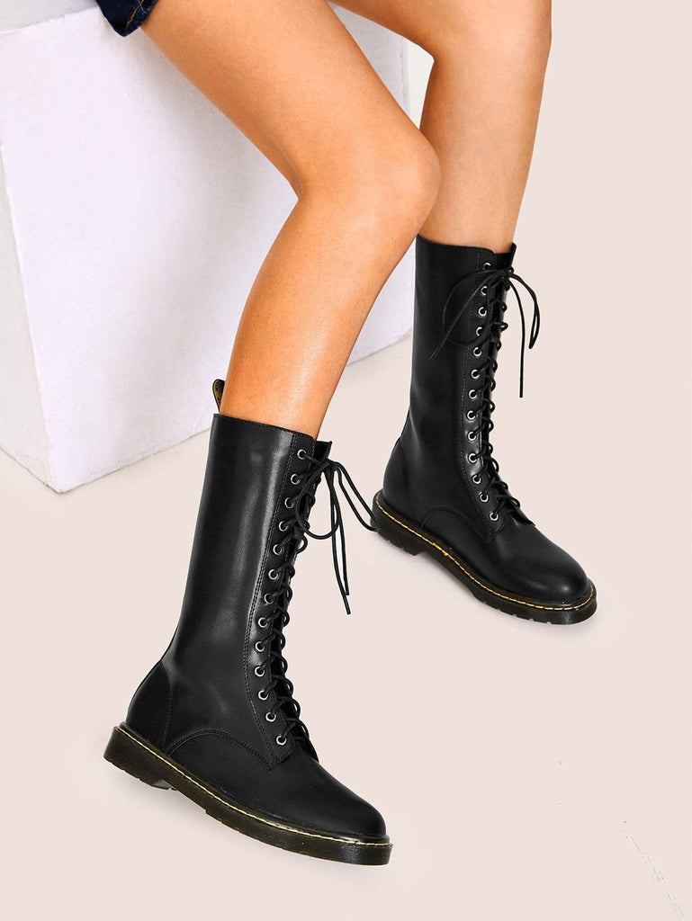 Black Lace-up Front Mid Calf Boots 