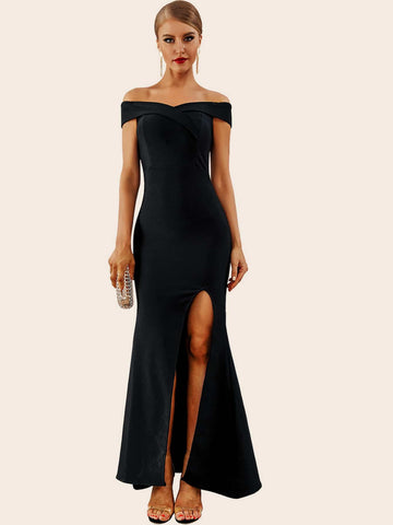 black bardot prom dress