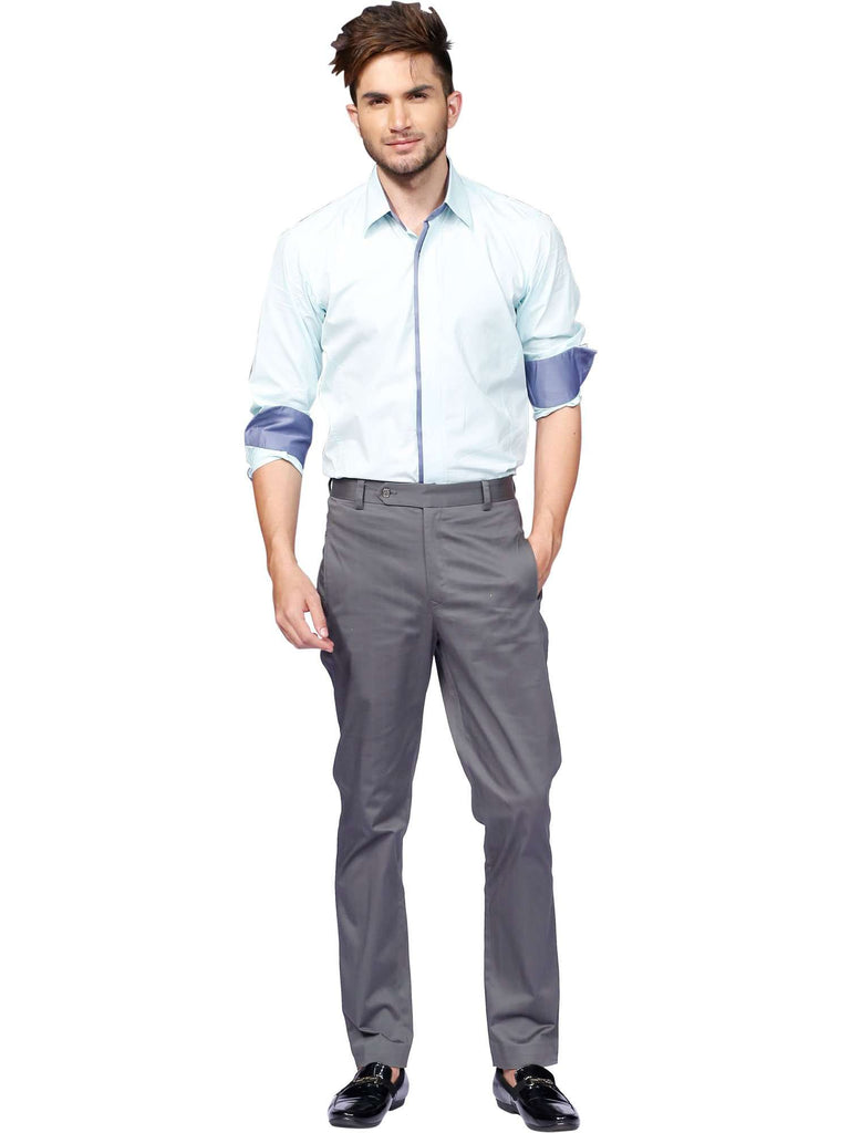 gray pant and blue shirt
