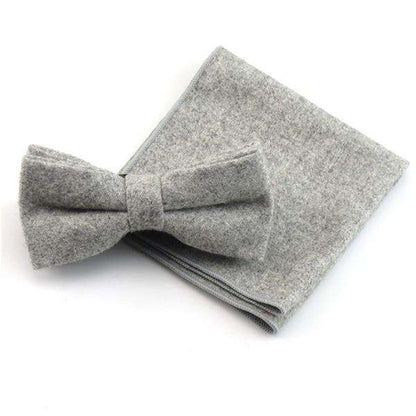 Solid Gray 100% Wool Set of Necktie Bowtie Handkerchief
