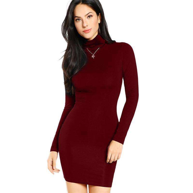 Женское плотно облегающее шею. Платье с высоким воротником. Long sleeved Turtleneck (Burgundy).