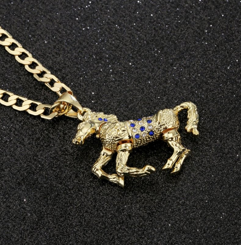 Premium Gold Horse Pendant with Pink Stones and 4mm Cuban Link