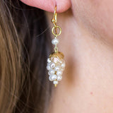Seed Pearl Drop Earrings in the shape of a Bunch of Grapes with Vine Leaves on 925 Silver Gold Plated French Wires