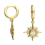 Gold plated Compass Star Charm Huggie Hoop Earrings set with cubic zirconia 10mm