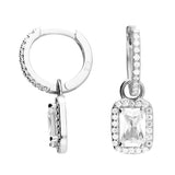 Silver 11mm  Huggie Hoop Earrings set with cubic zirconia with Radiant Halo Charm