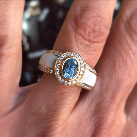 18ct rose gold aquamarine and diamond cold enamel ring