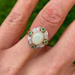9ct Gold Gem Opal, Emerald and Diamond Ring