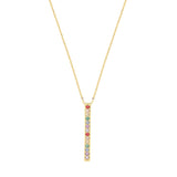 9ct gold vertical bar drop necklace set with rainbow cubic zirconia