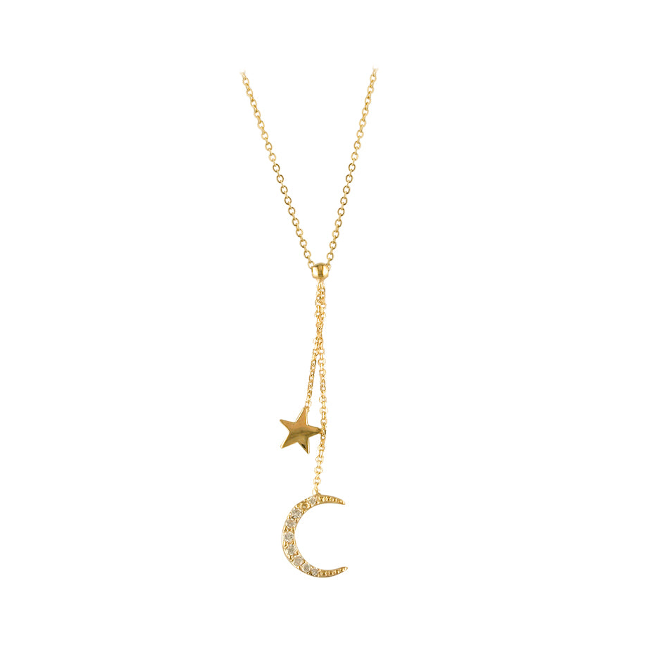 9ct Gold Sparkling Moon & Star Lariat Necklace - John Ross Jewellers