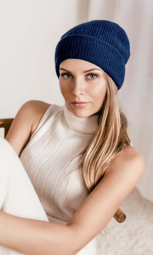 Wave Cashmere Beanie - Sapphire Navy