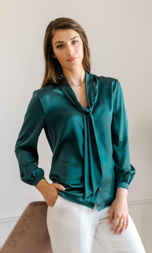 Vinci Silk Bow Blouse - Emerald Green