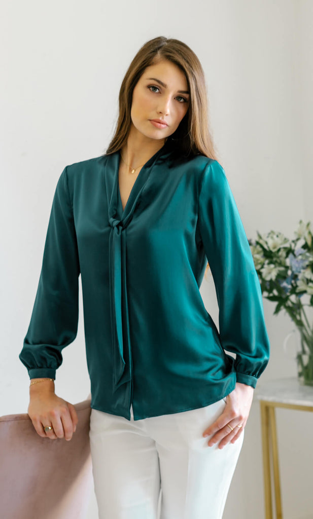 Vinci Silk Bow Blouse - Emerald Green