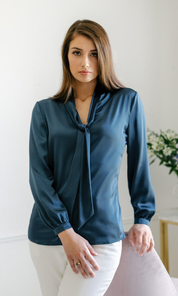 Vinci Silk Bow Blouse - Midnight Navy