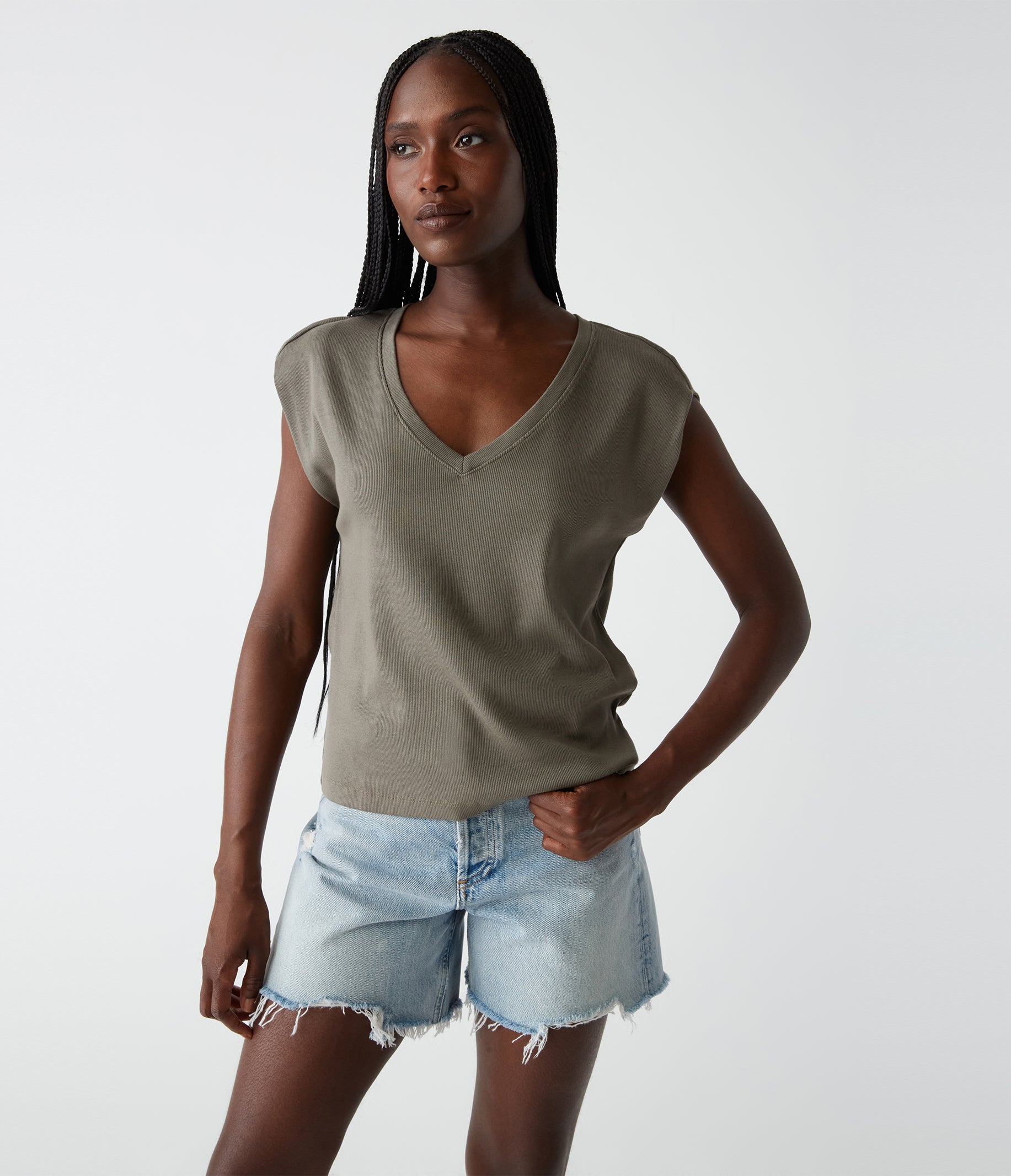 Shop Michael Stars Tati Power Shoulder Top In Olive