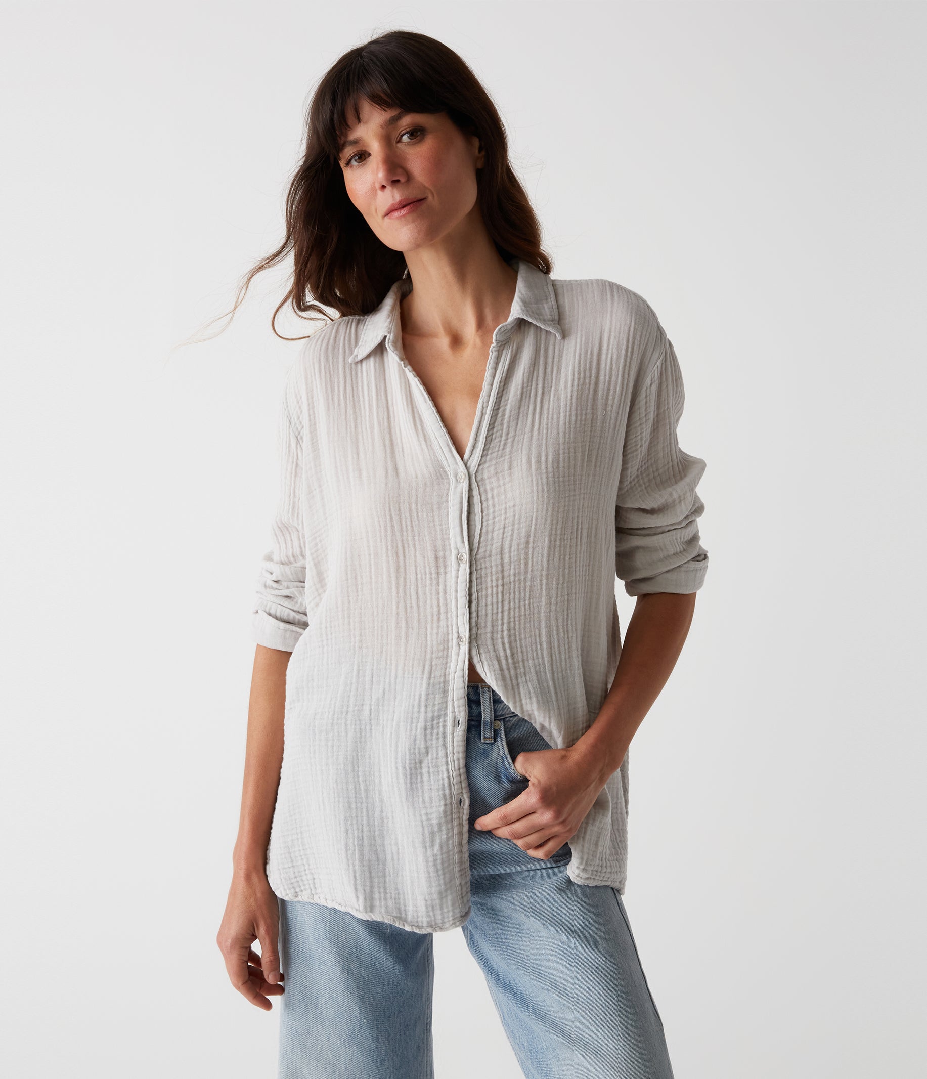 Shop Michael Stars Leo Gauze Button Down Shirt In Crescent