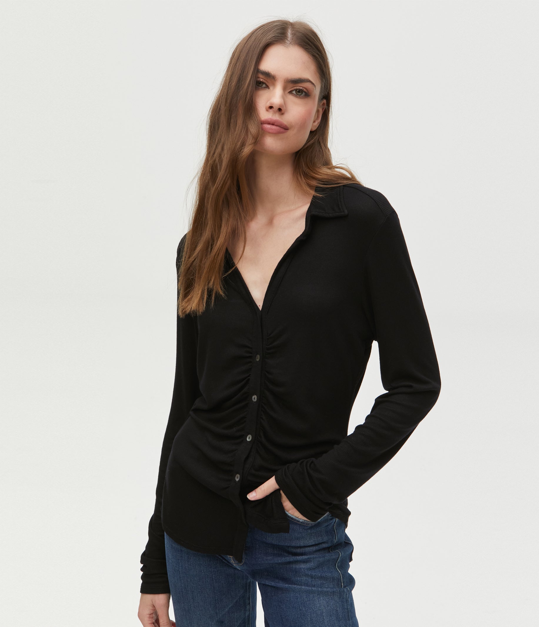Iman Ruched Button Down Top