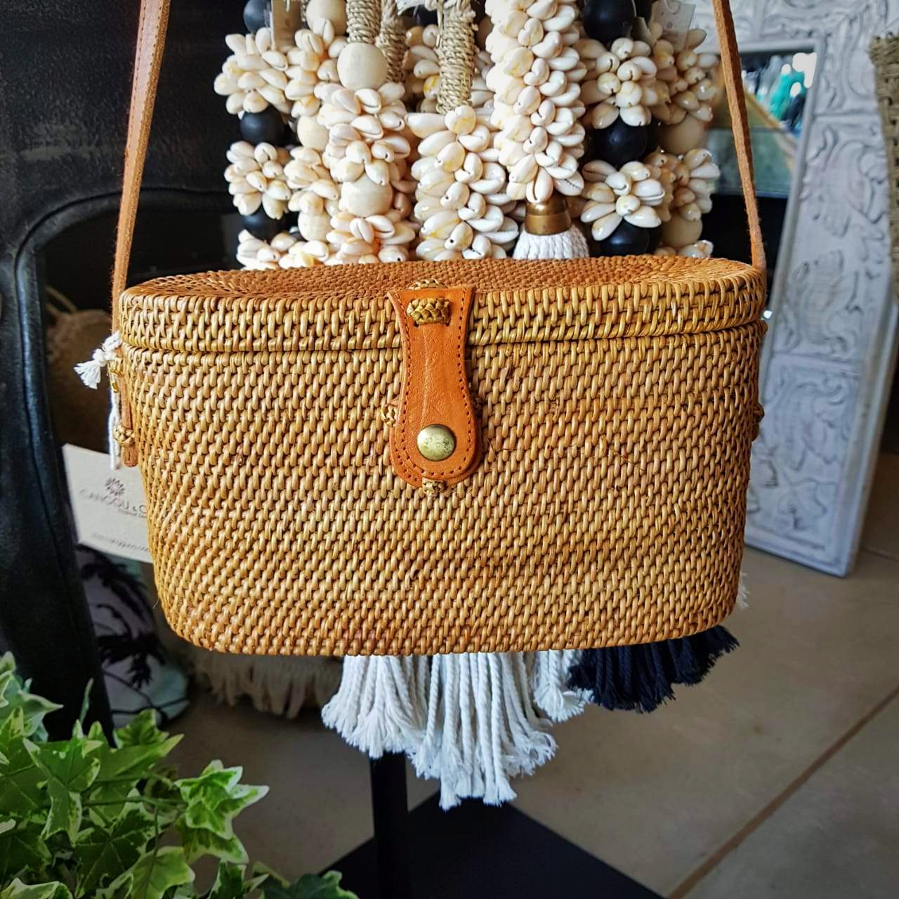 Woven Natural Rattan Cylinder Shaped Bag With Leather Strap