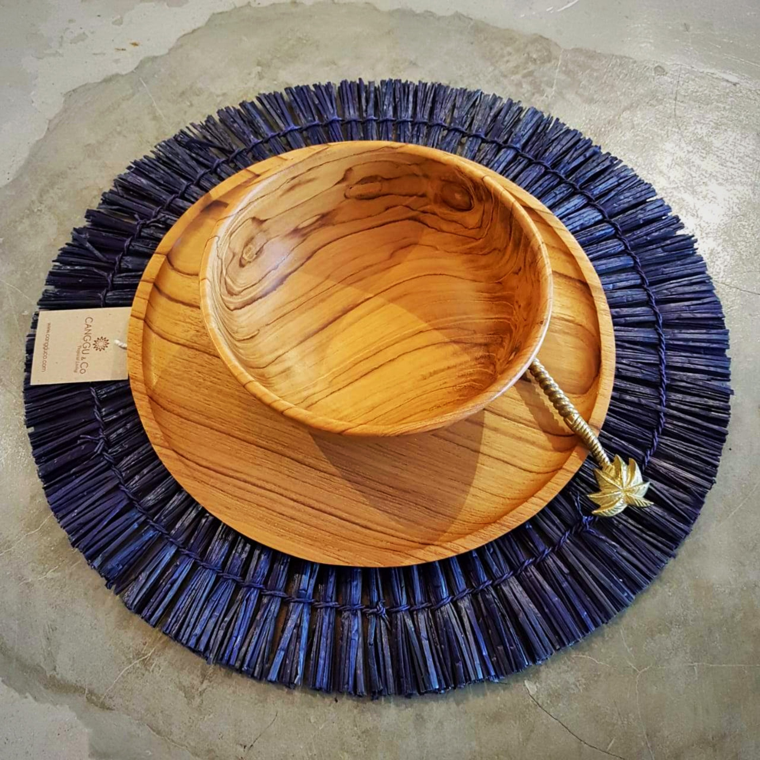 Natural & Blue Grass Straw Round Dining Placemats Canggu & Co