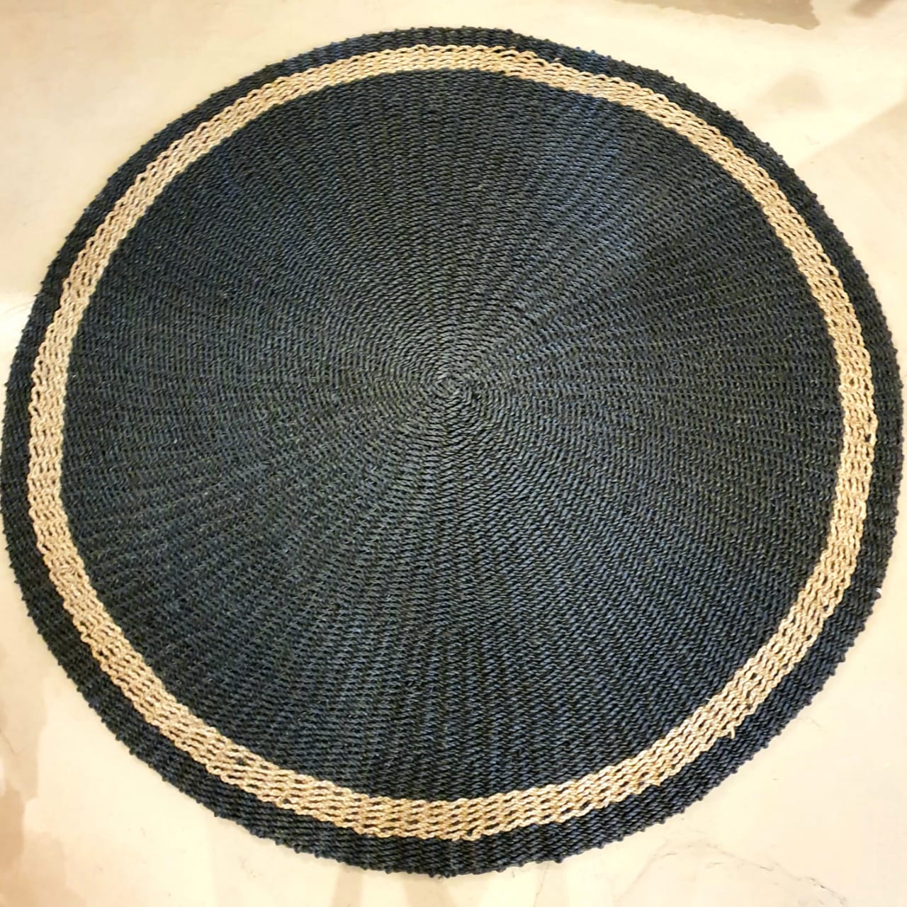 Large Round Black Raffia & Natural Straw Grass Floor Mats Canggu & Co