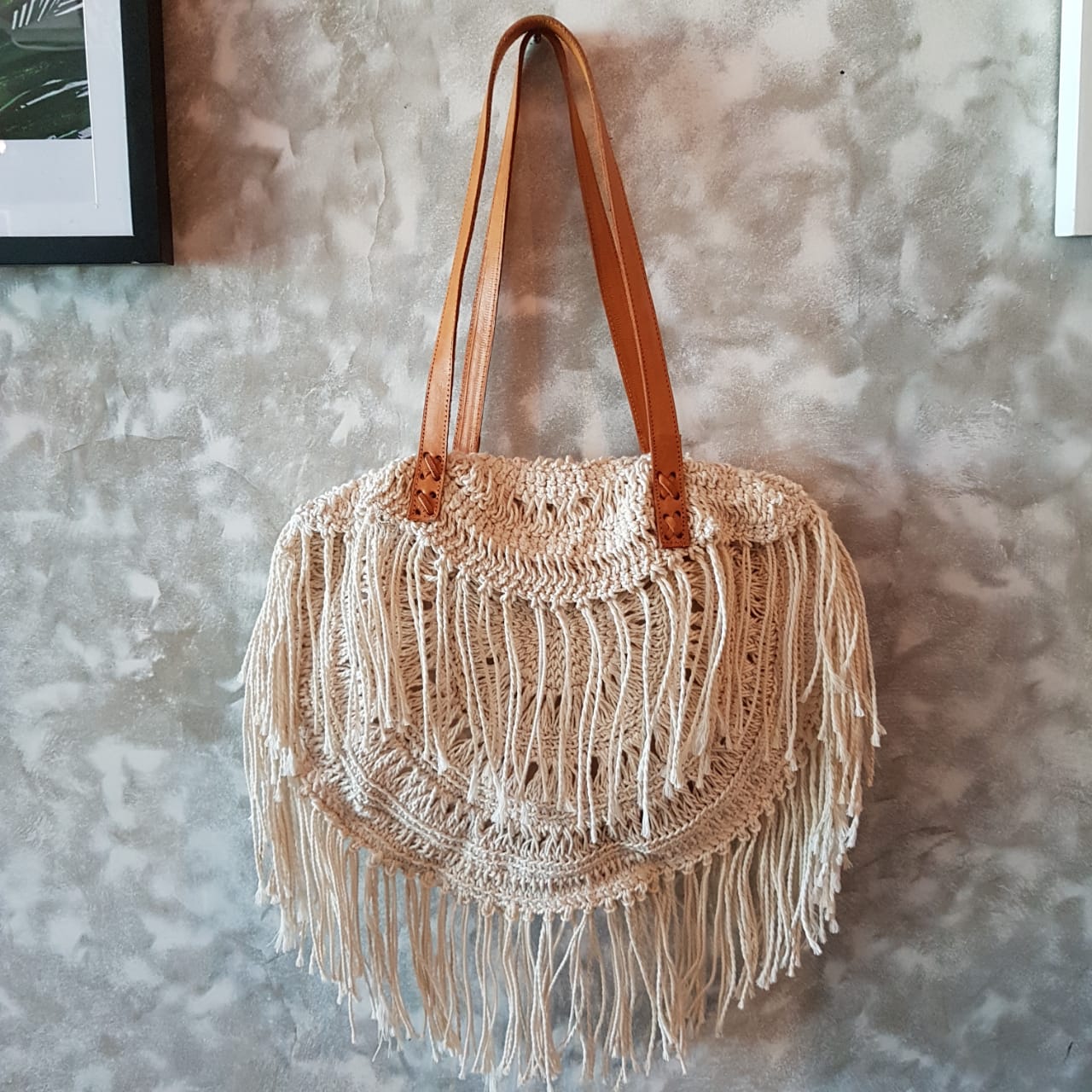 Natural Woven Cotton Macrame Hand Bag With Leather Straps – Canggu & Co