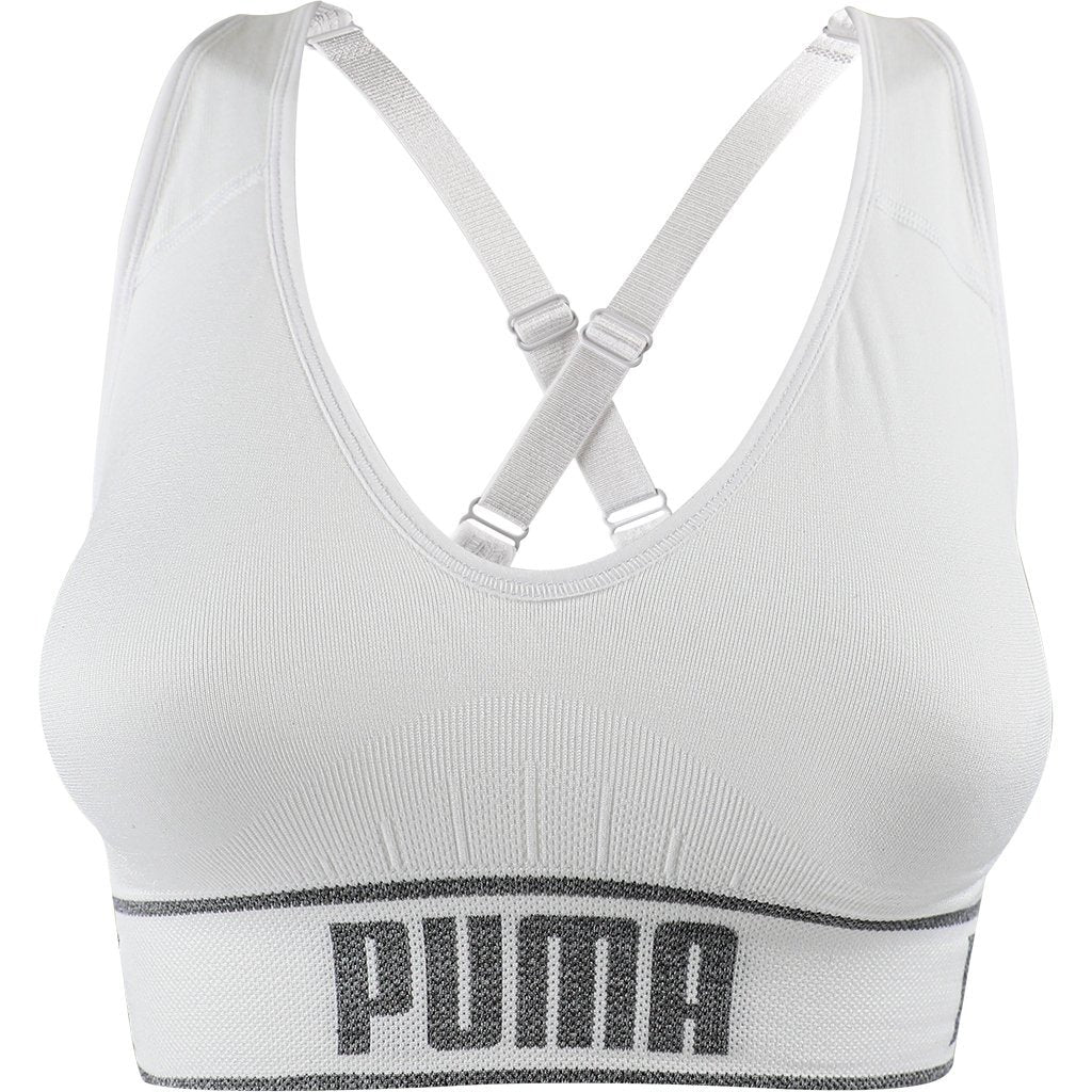 Puma Women's Seamless Sports Bra, White, Removable Cups, Adjustable Straps,  360 Seamless Comfort, Moisture Wicking and Medium Impact - Branded Clothing  & Accessories For Men, Women & Children