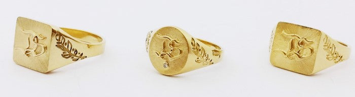 3 family initials gold signet rings