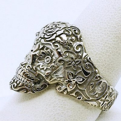 mexican skull biker ring with flowers