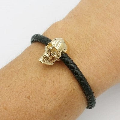 men's biker bracelet with solid gold skull