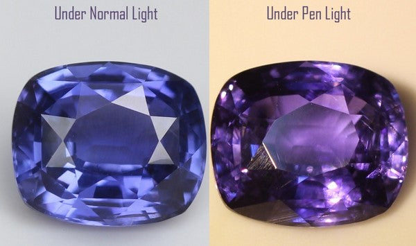 Color change sapphire above two different lights showing the color change of the gemstone