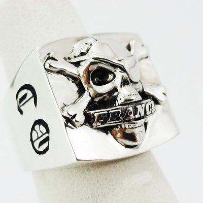 biker ring with skull and bones in silver