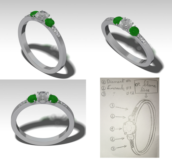 unique engagement ring design with emeralds and diamond