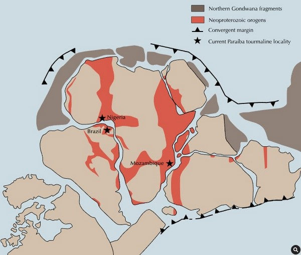 paraiba tourmaline rough deposits located on the gondwana continent