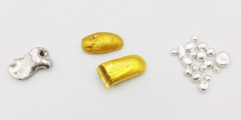 three precious metals for jewelry, platinum 950, pure gold and pure silver