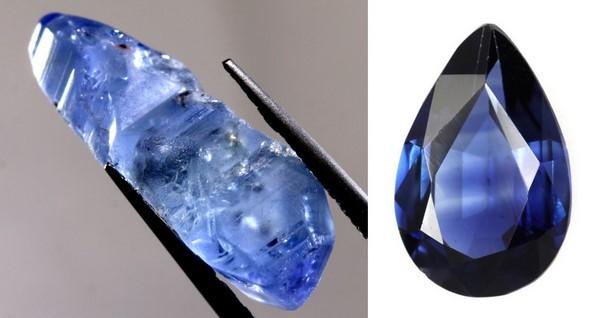 raw blue sapphire compared with cut blue sapphire