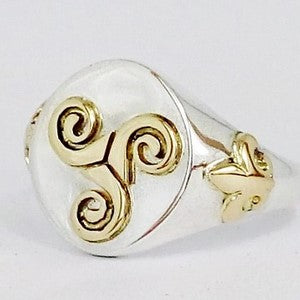 religious silver ring with symbols in 18k gold