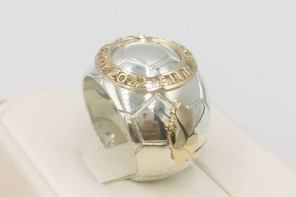 soccer championship ring made of silver and 18k yellow gold