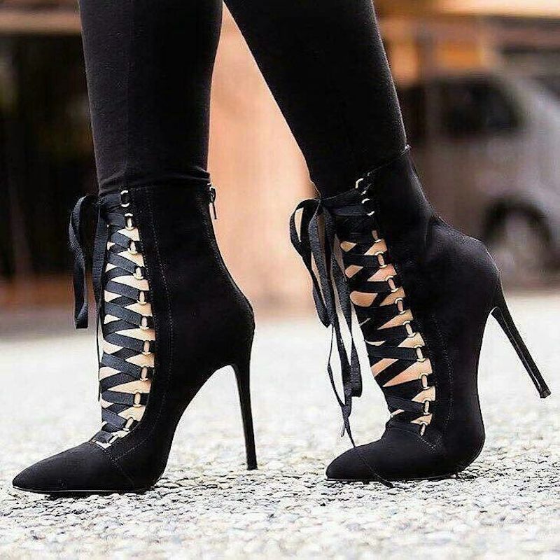 black pointed toe lace up heels