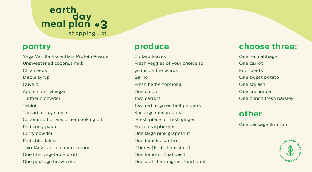 earth day 2021 vega meal plan shopping list