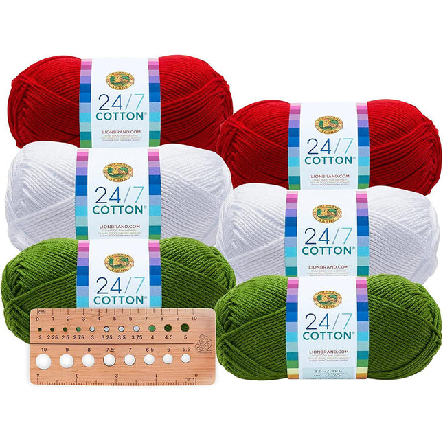 Lion Brand Yarn - 24/7 Cotton - 6 Skeins with Needle Gauge - Christmas  Holiday #1 (Grass, Red, & White)