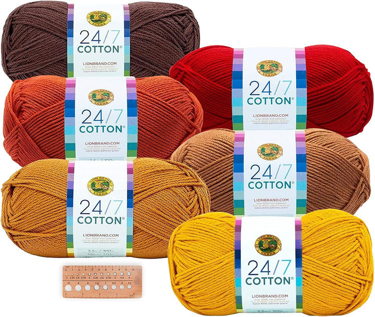 Lion Brand Yarn - 24/7 Cotton - 6 Skein Assortment (Autumn
