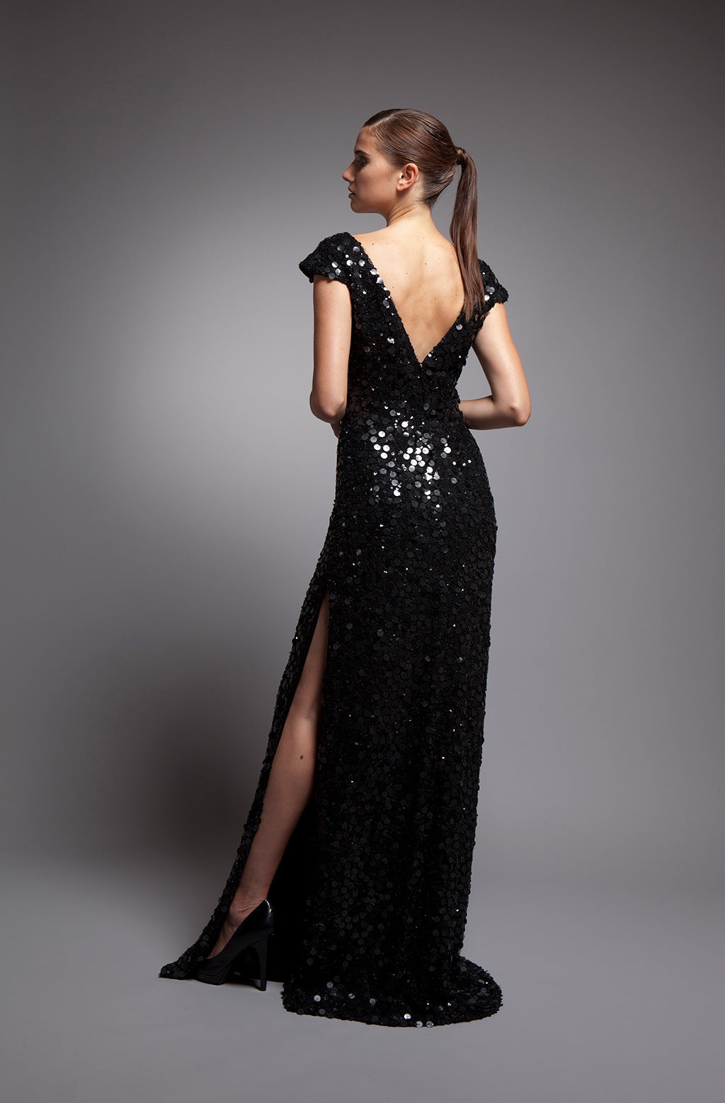 black sequin long sleeve dress with deep v neck