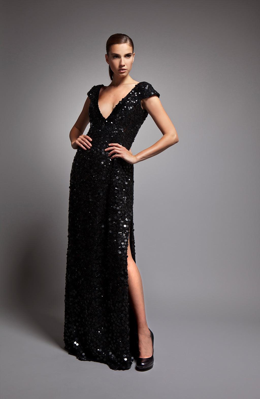 Jacqueline - Black sequin dress with deep v-neck and cap sleeve – Tony ...